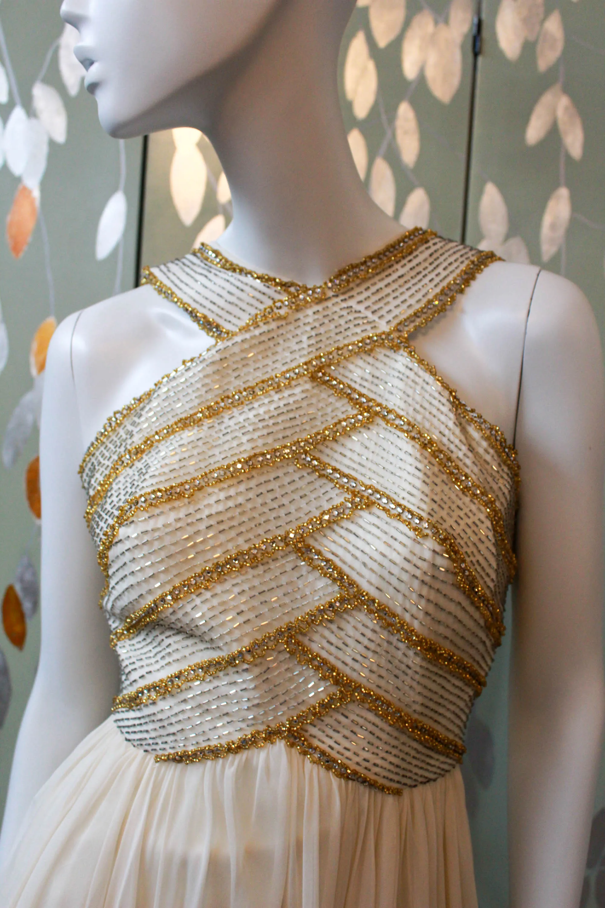 1960s Gold Beaded Cream Silk Chiffon Gown, Small