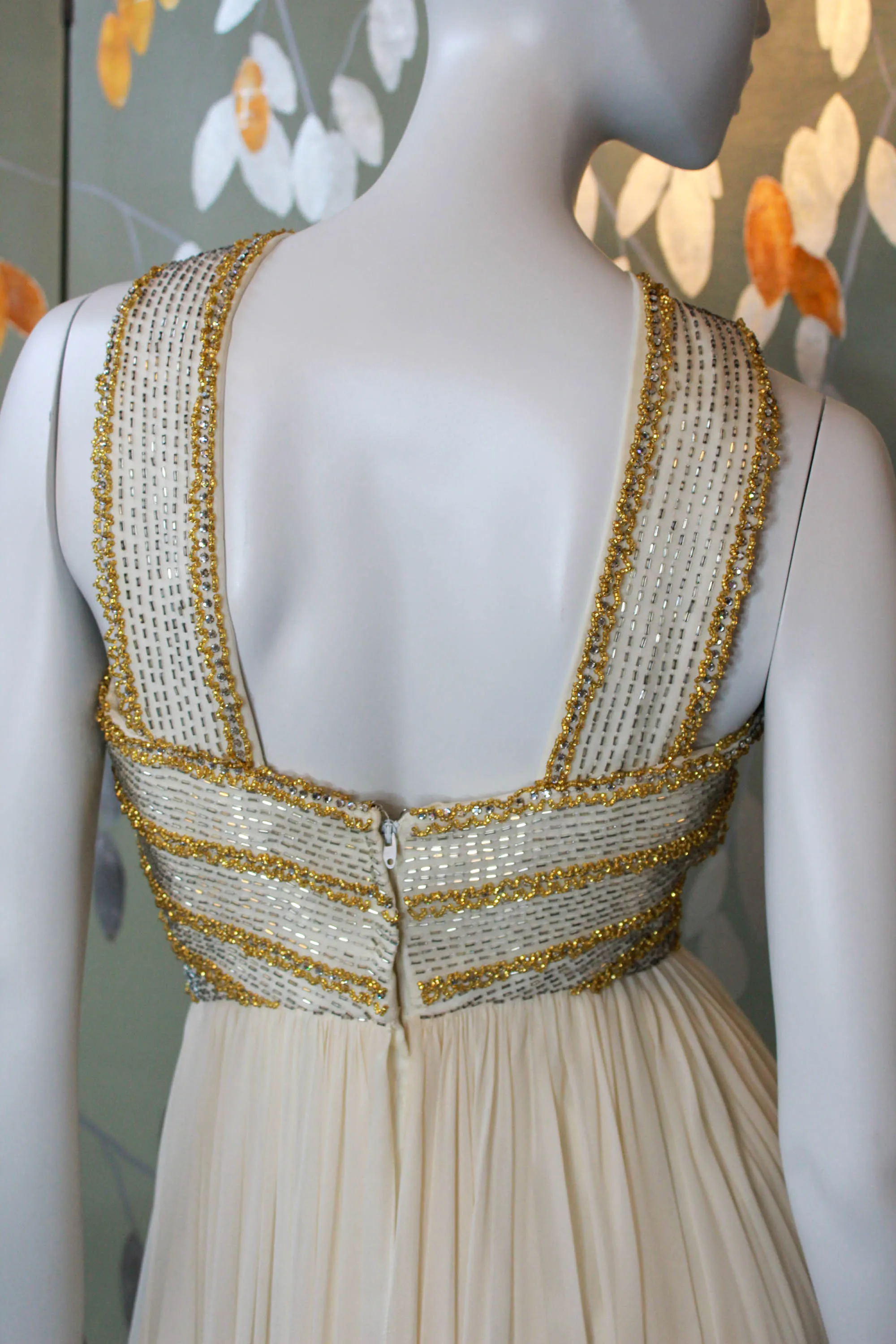 1960s Gold Beaded Cream Silk Chiffon Gown, Small