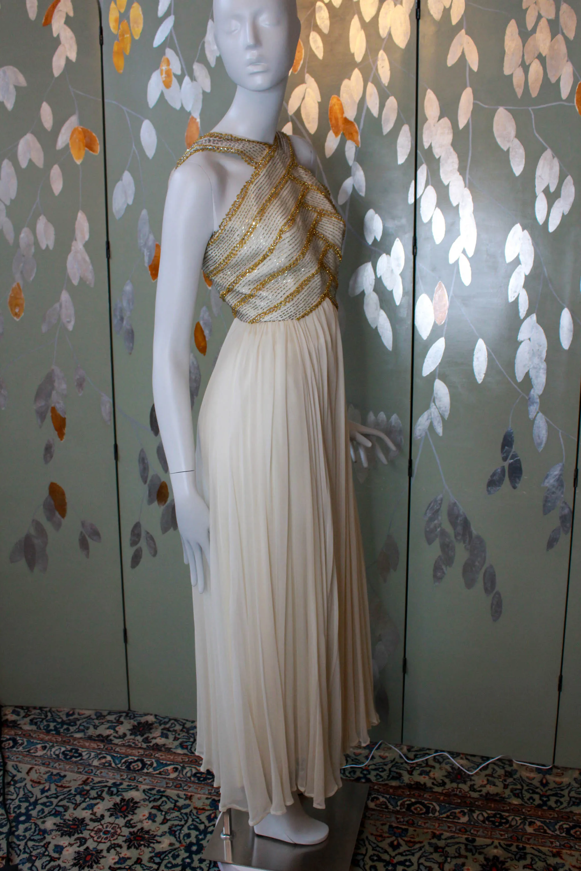 1960s Gold Beaded Cream Silk Chiffon Gown, Small