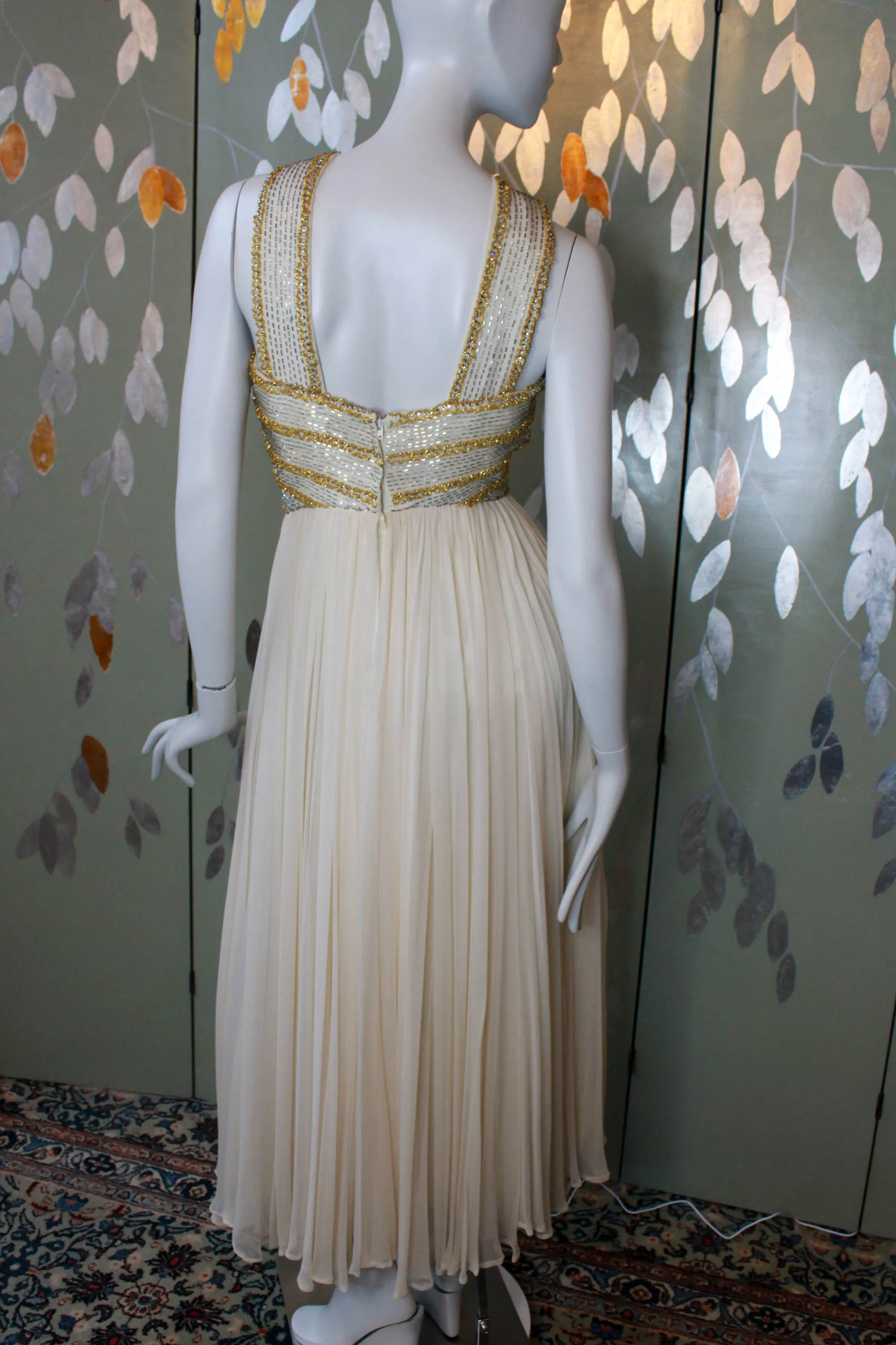 1960s Gold Beaded Cream Silk Chiffon Gown, Small