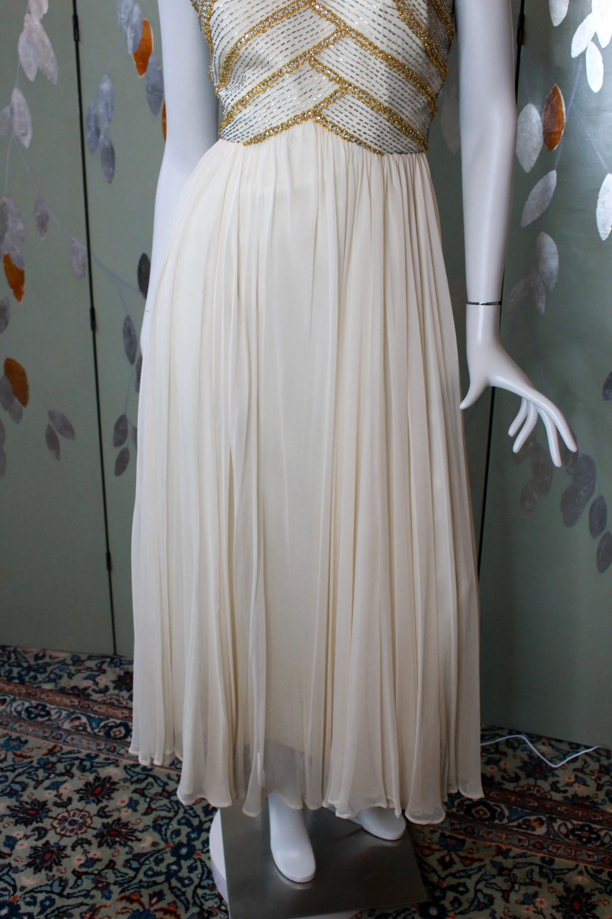 1960s Gold Beaded Cream Silk Chiffon Gown, Small