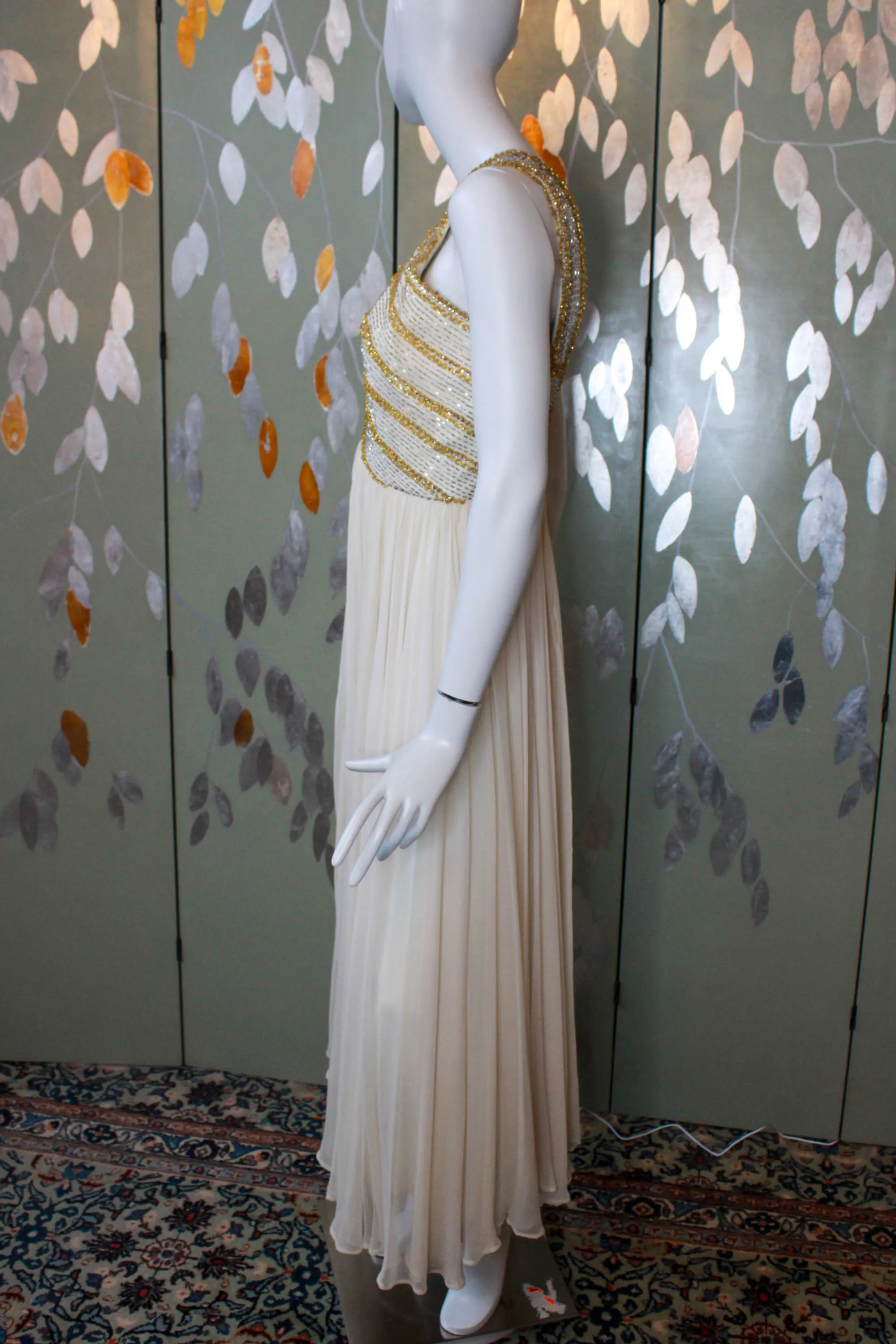 1960s Gold Beaded Cream Silk Chiffon Gown, Small