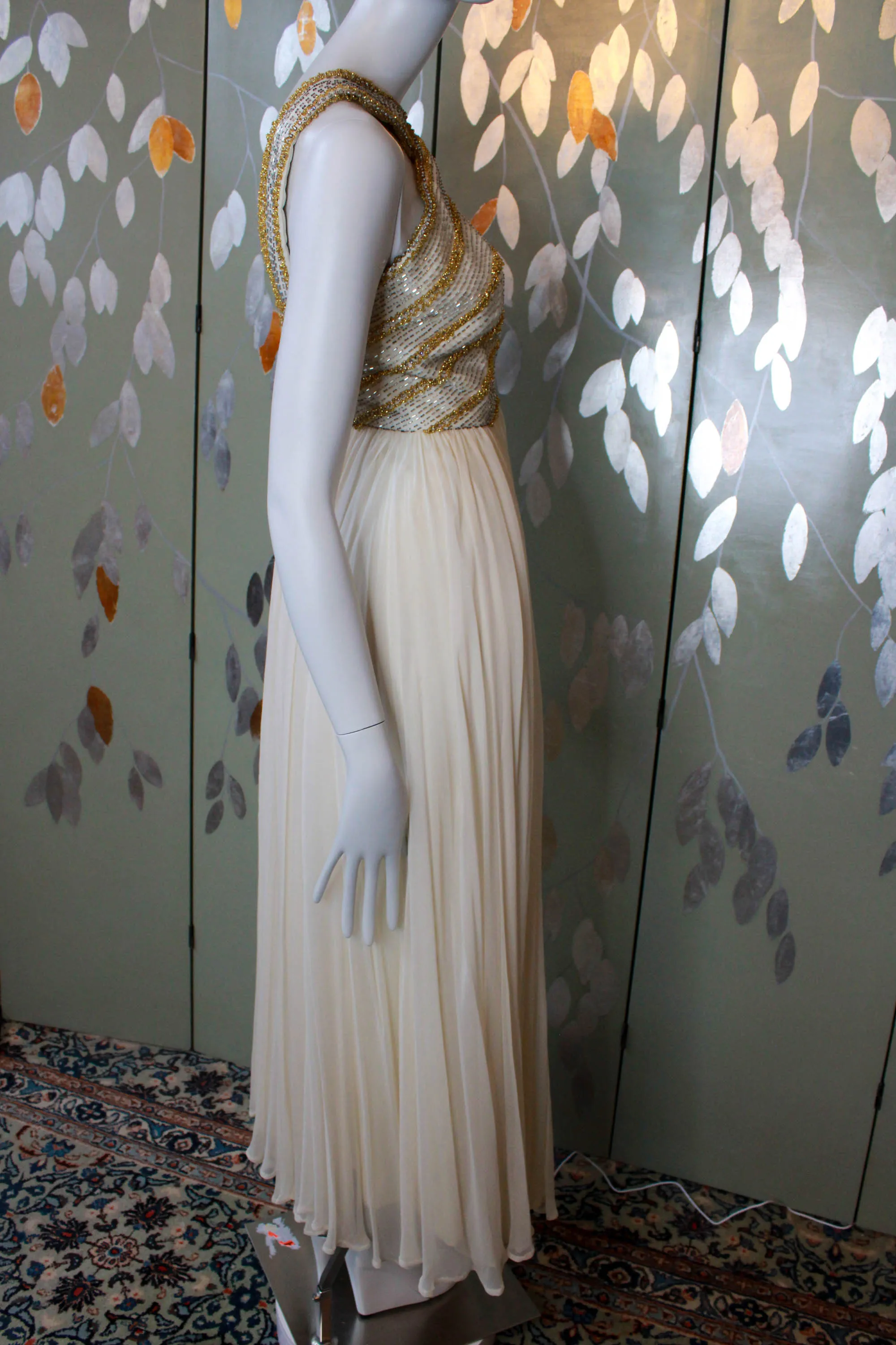 1960s Gold Beaded Cream Silk Chiffon Gown, Small