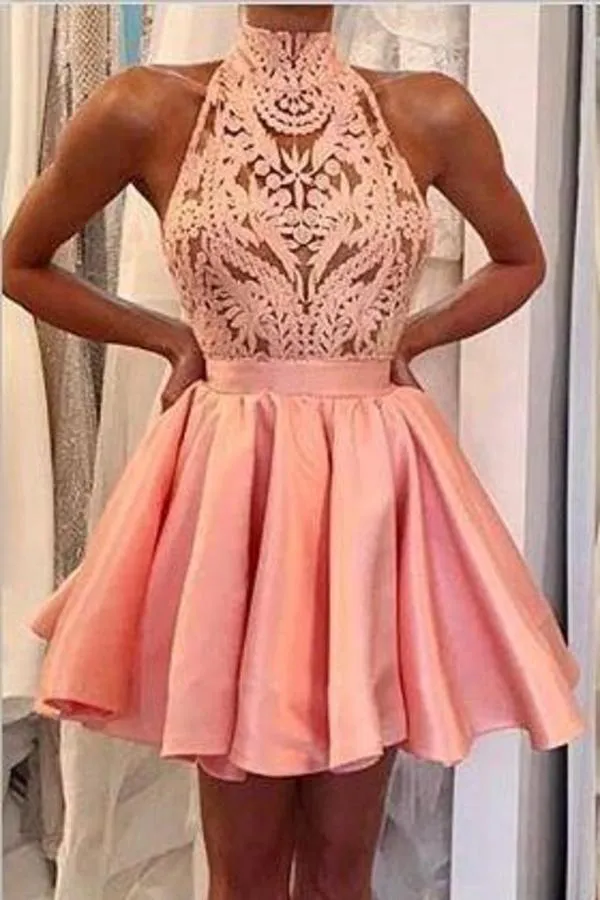 2024 A Line High-Neck Satin & Lace Short/Mini Homecoming Dresses With PQ9689X5