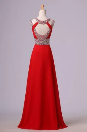 2024 Gorgeous Red Beading Open Back Chiffon Prom Dresses