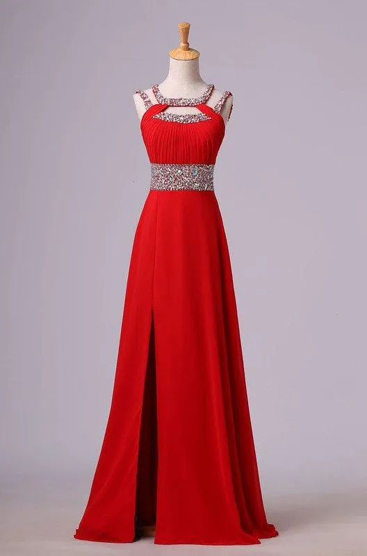 2024 Gorgeous Red Beading Open Back Chiffon Prom Dresses