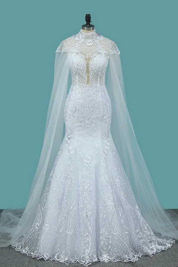 2024 Tulle Scoop Wedding Dresses Mermaid With Applique P4A184QC