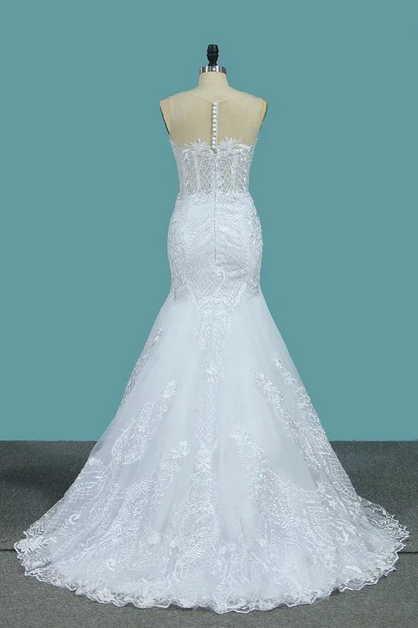 2024 Tulle Scoop Wedding Dresses Mermaid With Applique P4A184QC