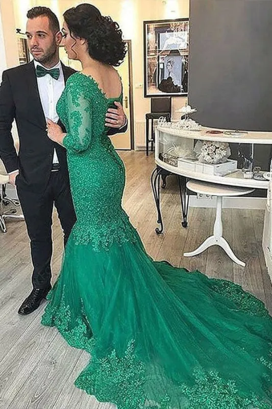 3/4 Sleeves Mermaid Prom Dress V-Neck With Lace Appliques - Emerald