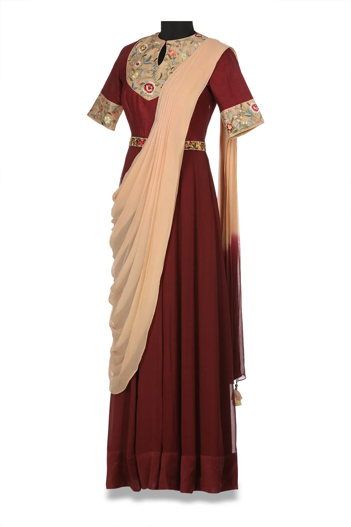 50Z180-RO Burgundy and Peach Georgette Anarkali with Parsi Embroidery