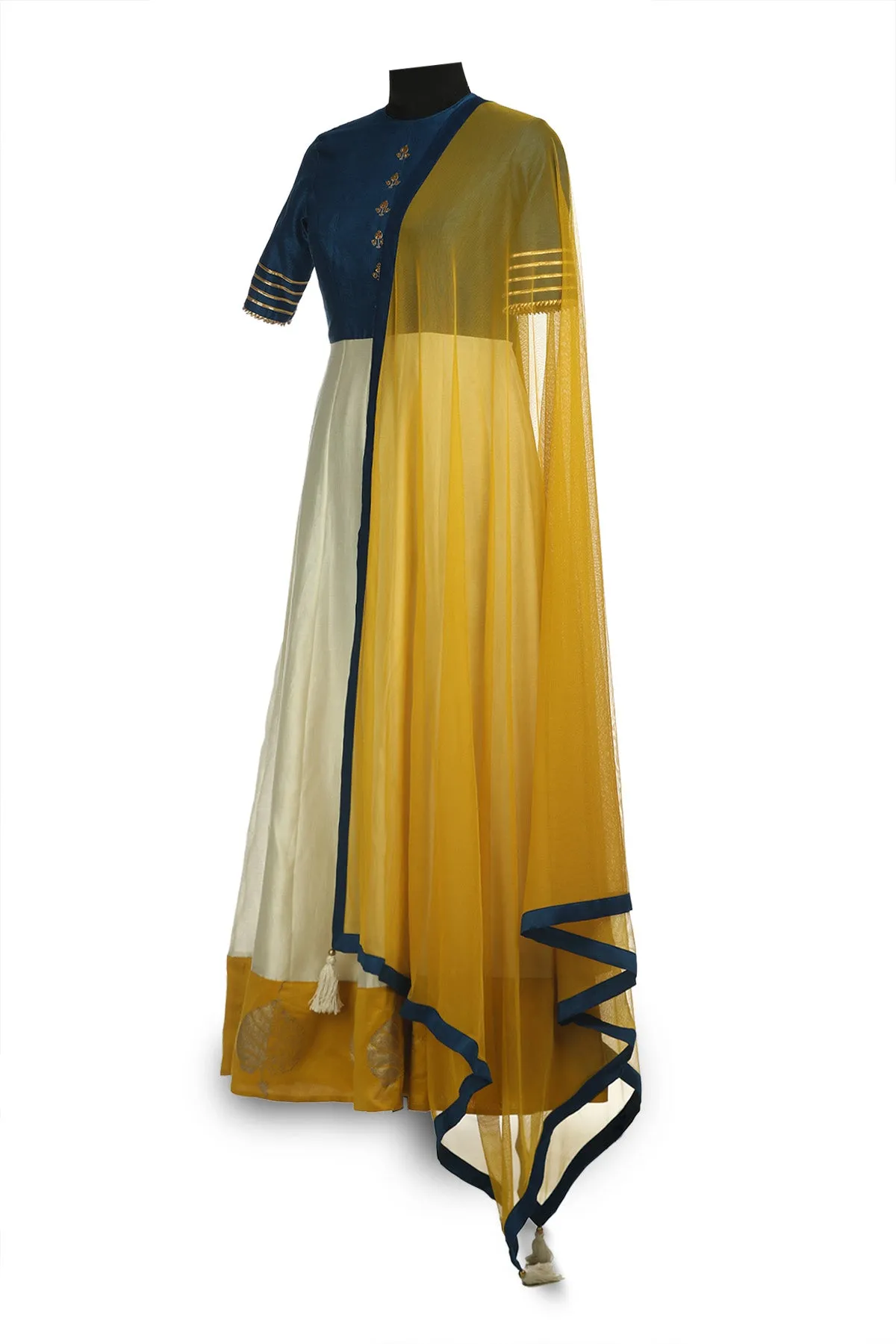 50Z185-RO Ivory and Blue Embroidered Chanderi Anarkali with Yellow Dupatta