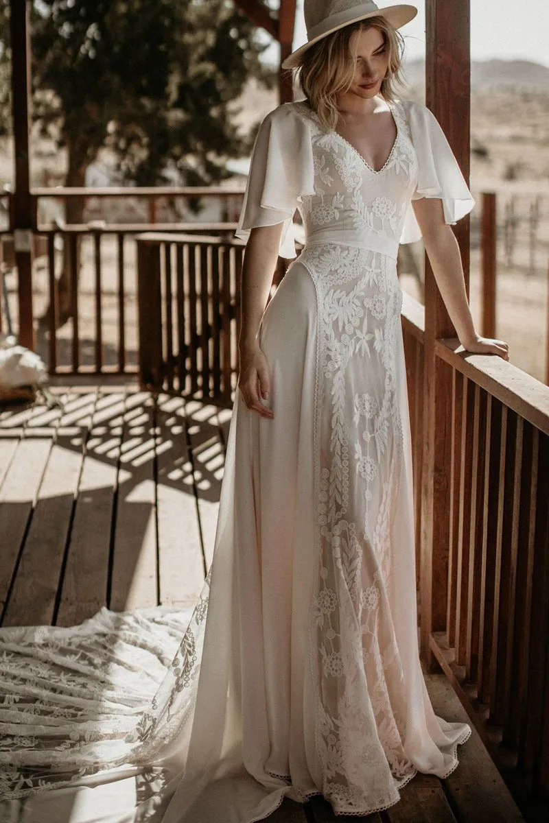 A Line Beach Ivory Wedding Dress Lace And Chiffon Bridal Dress FR007