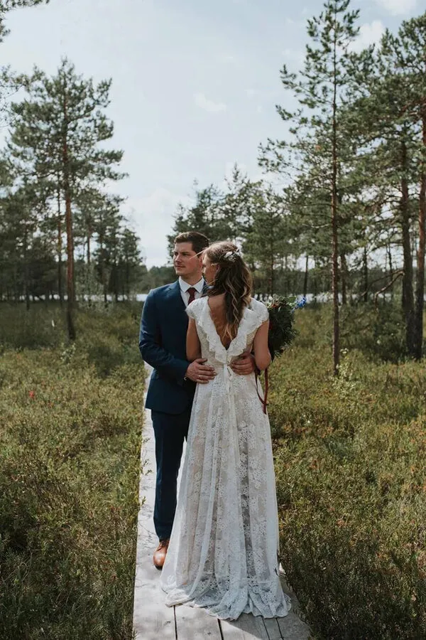 A-line Beach Wedding Dress with V-Back, Lace Cap Sleeves, and V-Neck, WD23022310