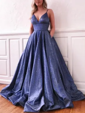 A-line Chic Navy Blue Sequin Sparkly Gorgeous Long Prom Dresses PD145