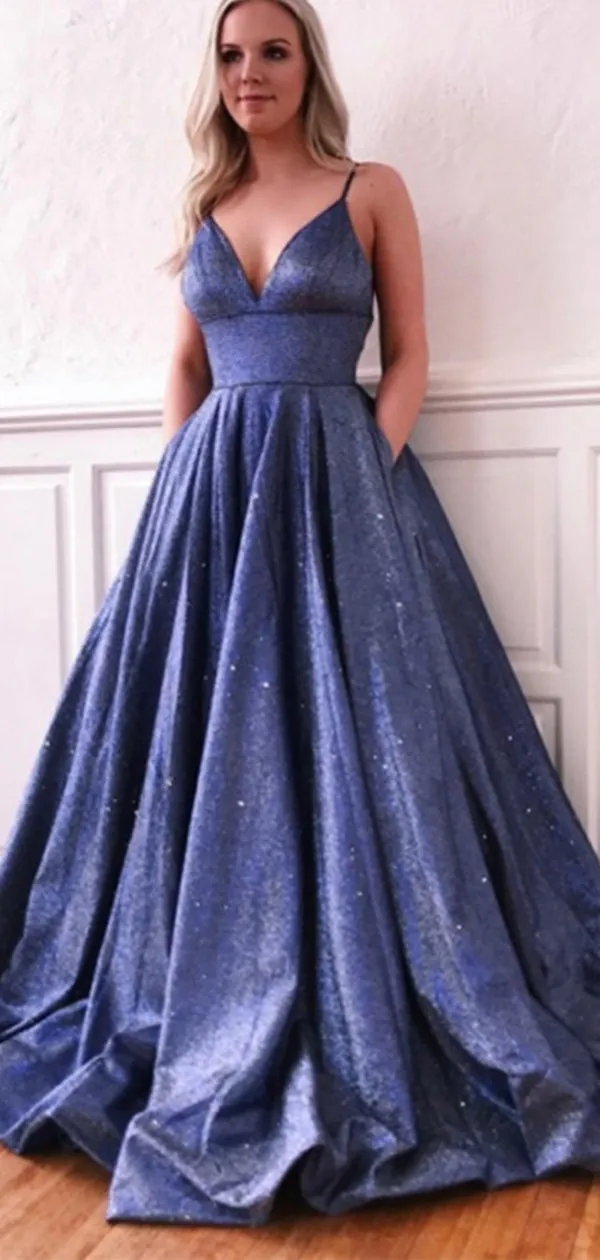 A-line Chic Navy Blue Sequin Sparkly Gorgeous Long Prom Dresses PD145