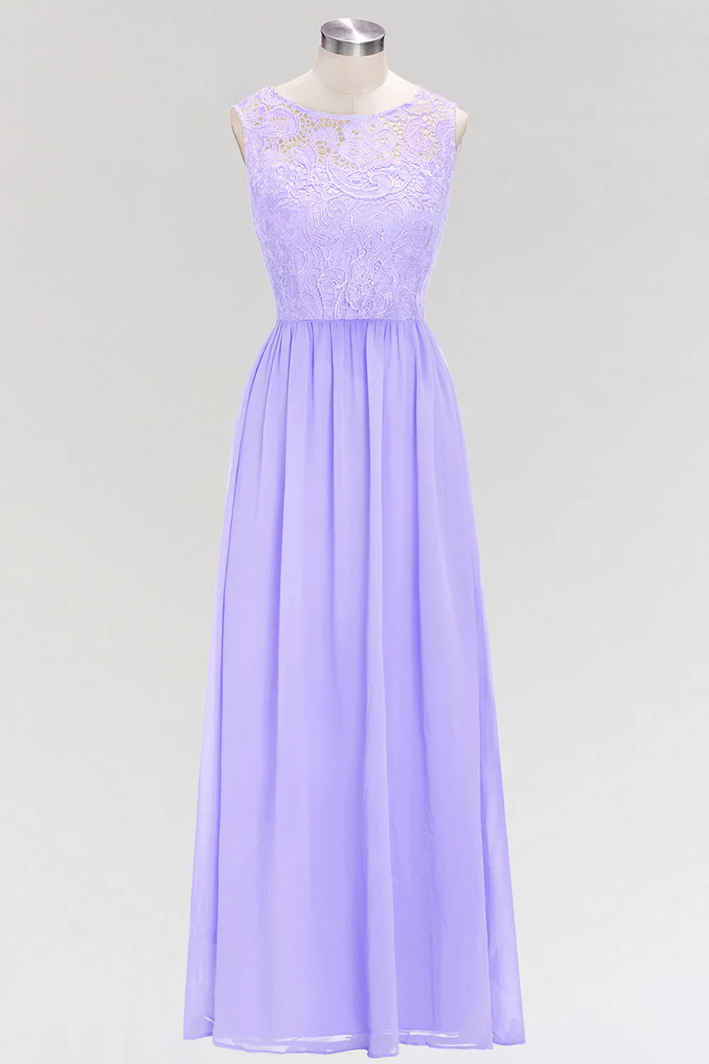 A-line Chiffon Lace Jewel Sleeveless Long Bridesmaid Dress with Ruffles