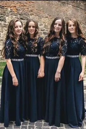 A line Dark Blue Half Sleeve Scoop Bridesmaid Dresses Chiffon Lace Prom Dresses