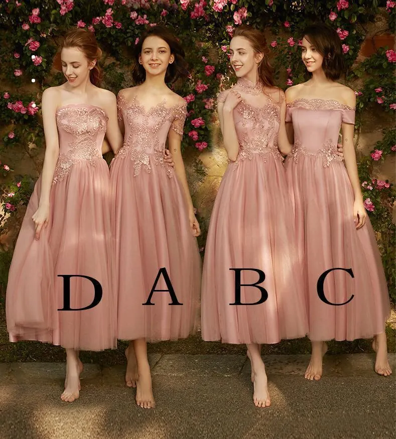 A line Dusty Pink Short Sleeve Bridesmaid Dresses Lace Tulle Prom Dresses