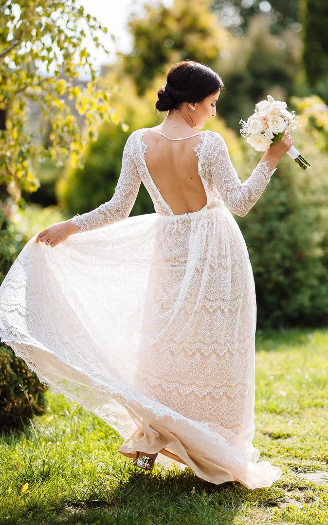 A-Line Lace Vintage Wedding Dress With Bateau Neckline And Long Sleeve-716568