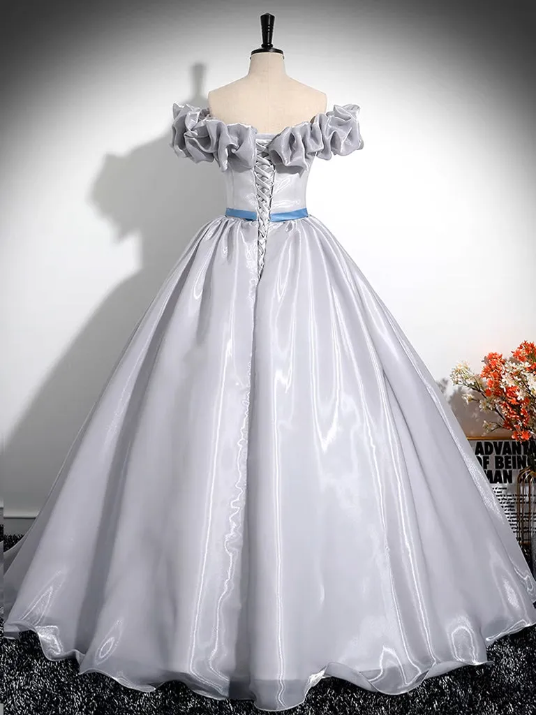 A-Line Off Shoulder Gray Satin Long Prom Dress, Gray Long Formal Dress