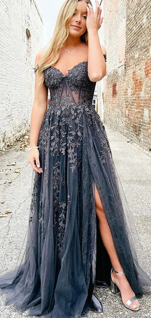 A-line Off the Shoulder Lace Appliques Unique Long Evening Party Prom Dresses PD237