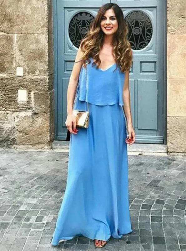 A-Line Spaghetti Straps Long Blue Chiffon Bridesmaid Dress