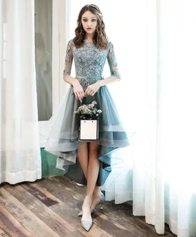 A-Line Tulle Lace Gray Green High Low Prom Dress, Gray Green Formal Dress