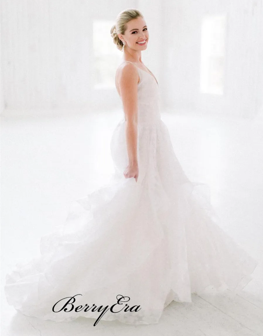 A-line Tulle Lace Wedding Dresses, Straps Backless Wedding Dresses