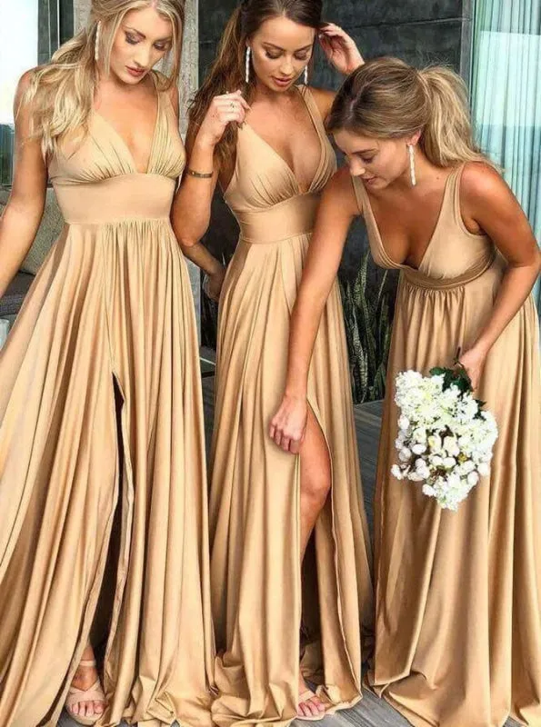 A-Line V-Neck Satin Floor Length Prom Evening Bridesmaid Dress