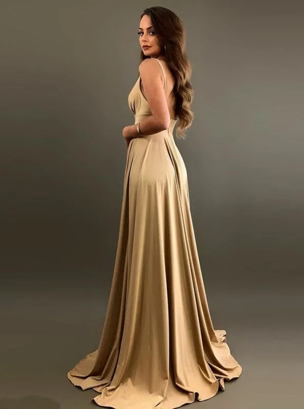 A-Line V-Neck Satin Floor Length Prom Evening Bridesmaid Dress