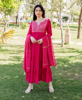 Aaditri Raspberry Red Embroidered and Tiered Dress