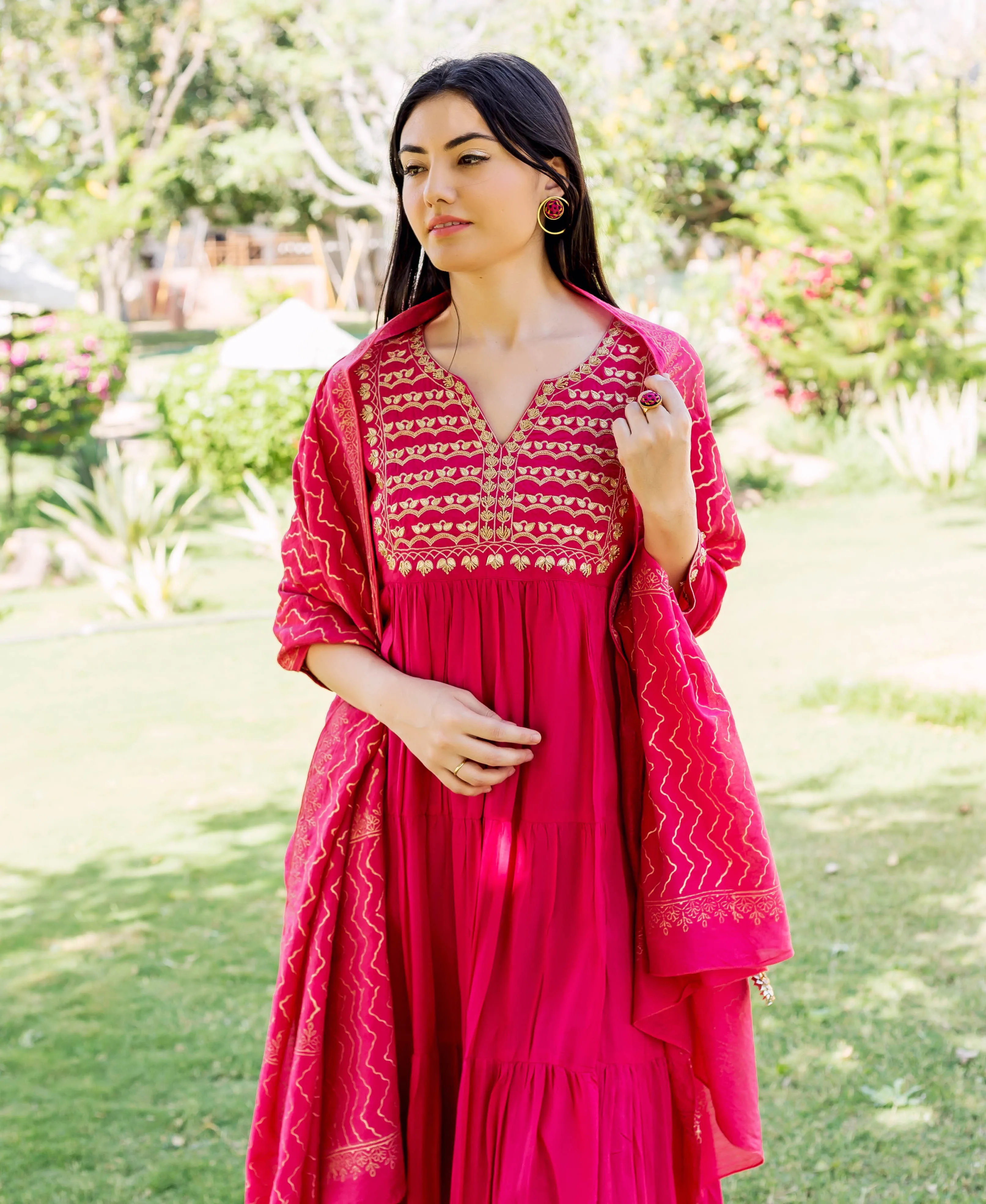 Aaditri Raspberry Red Embroidered and Tiered Dress