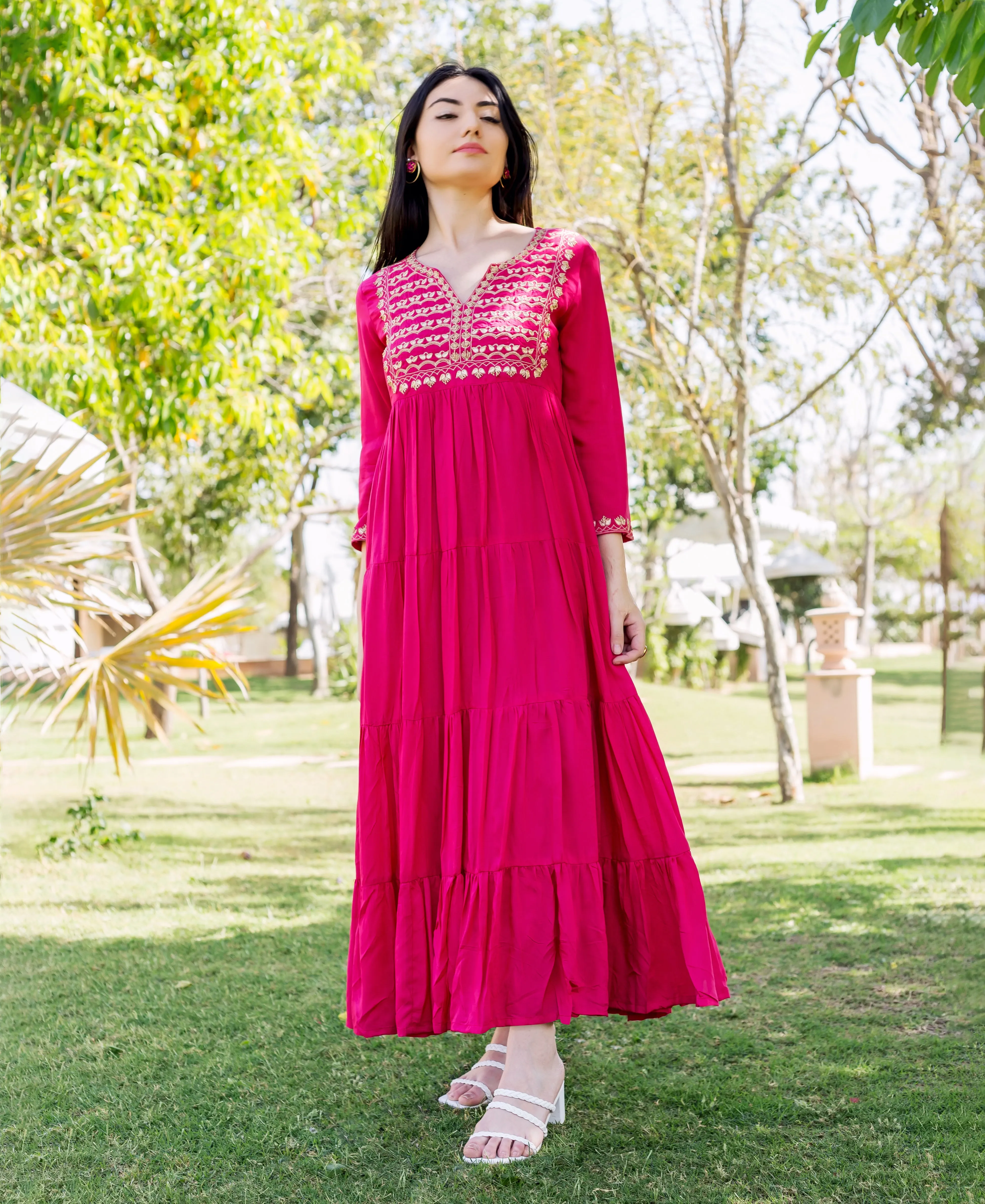 Aaditri Raspberry Red Embroidered and Tiered Dress