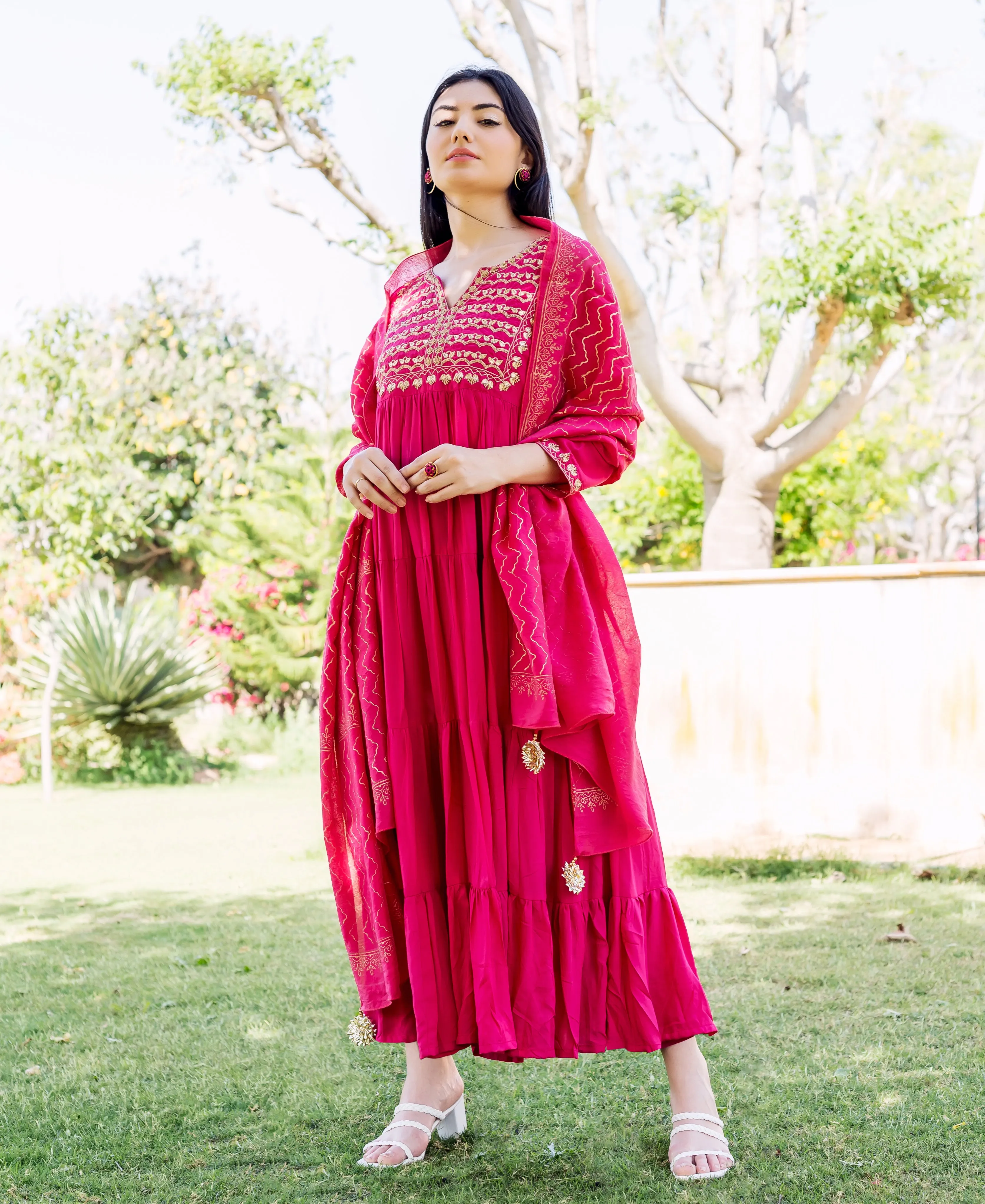 Aaditri Raspberry Red Embroidered and Tiered Dress