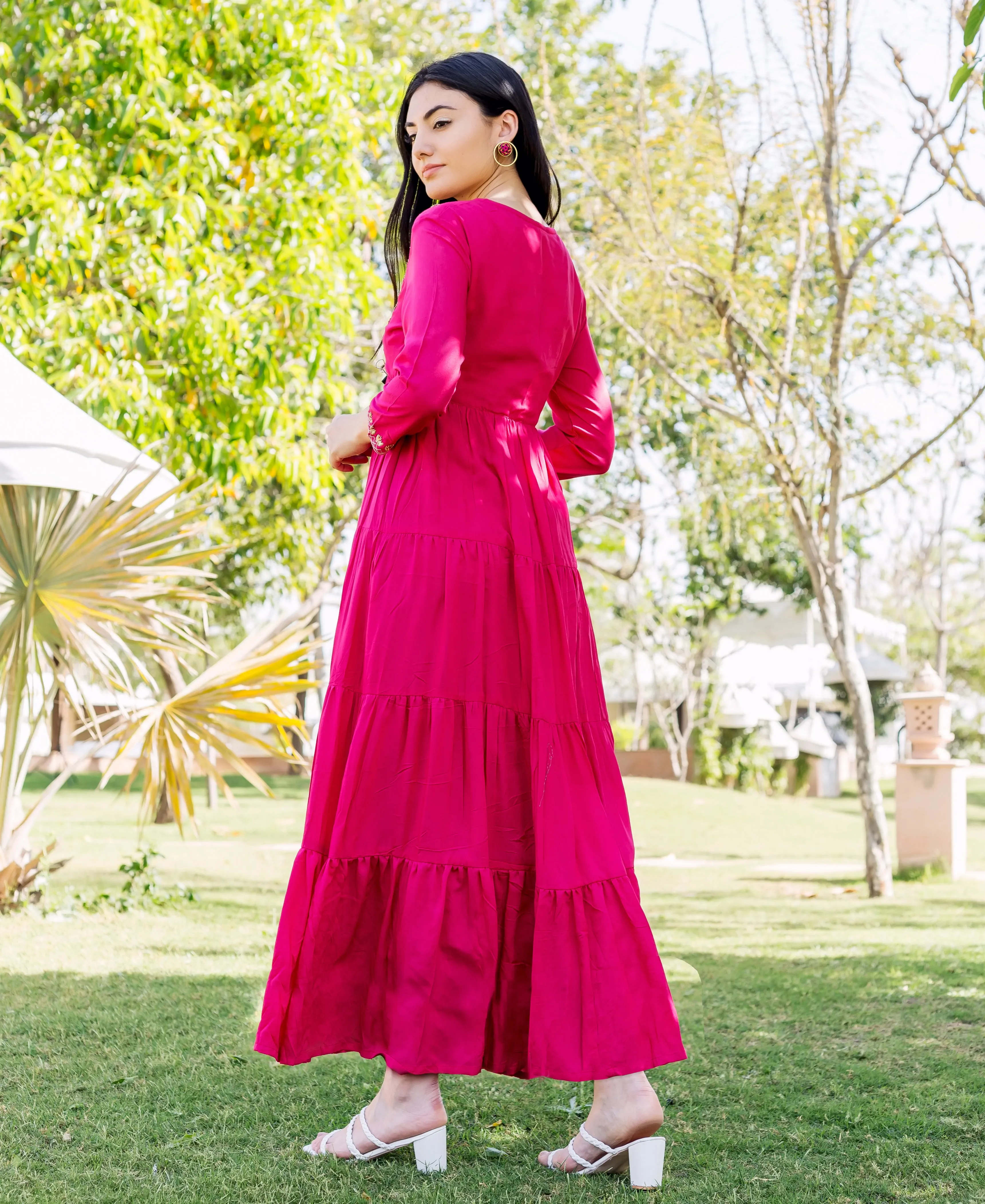 Aaditri Raspberry Red Embroidered and Tiered Dress