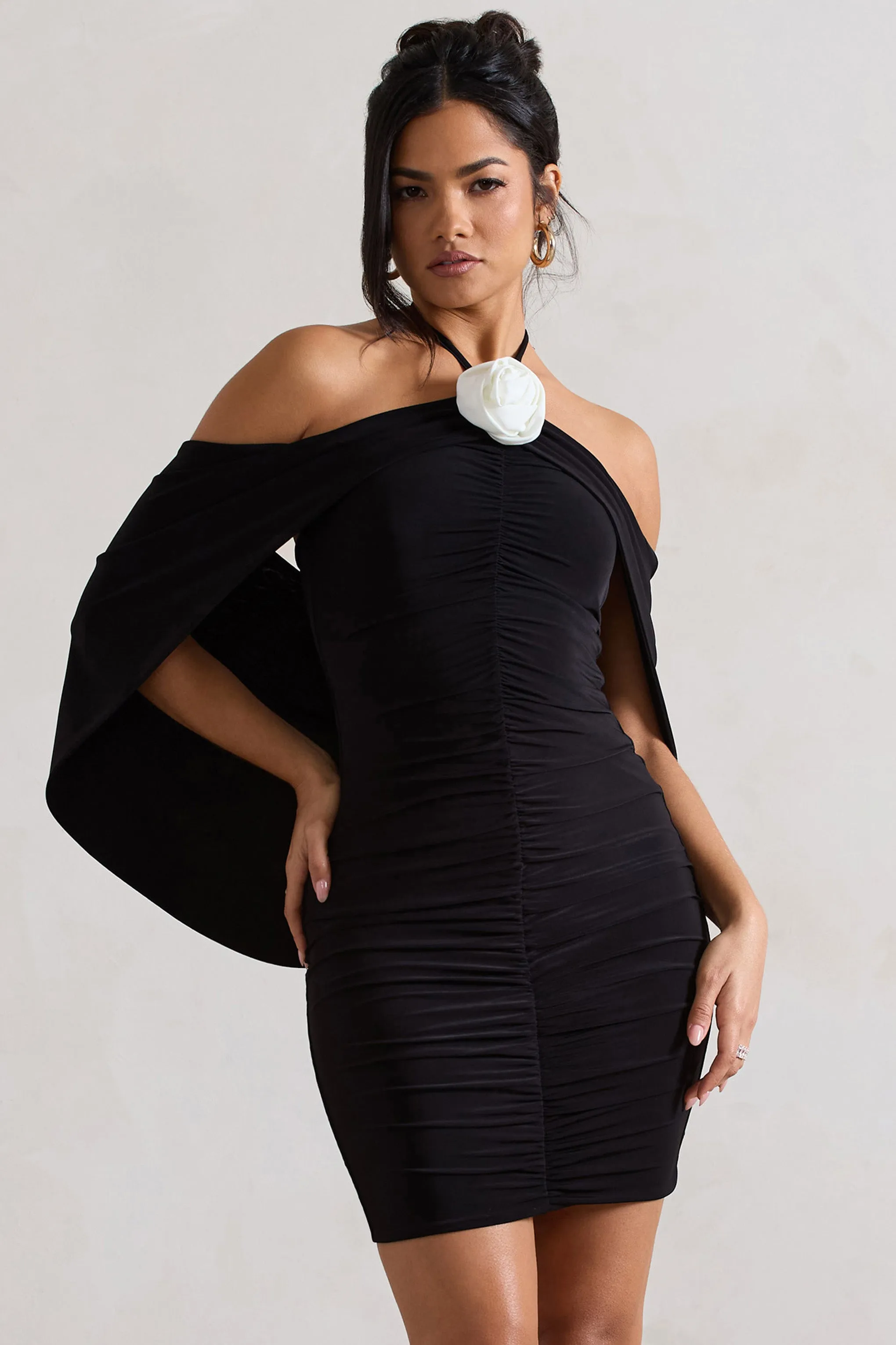 Adriana | Black Ruched Halter-Neck Draped Mini Dress With Corsage