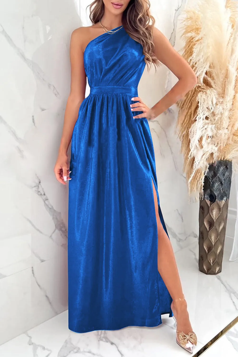 Affordable One Shoulder Slit Ruched Maxi Dress - Perfect for Homecoming 2024, Snowcoming, and Hoco Cute, Stylish, and Budget-Friendly Outfit for the Occasion