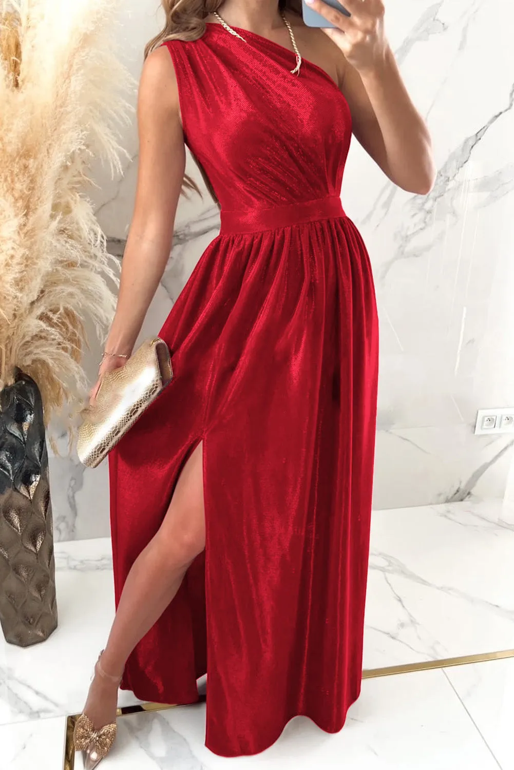 Affordable One Shoulder Slit Ruched Maxi Dress - Perfect for Homecoming 2024, Snowcoming, and Hoco Cute, Stylish, and Budget-Friendly Outfit for the Occasion