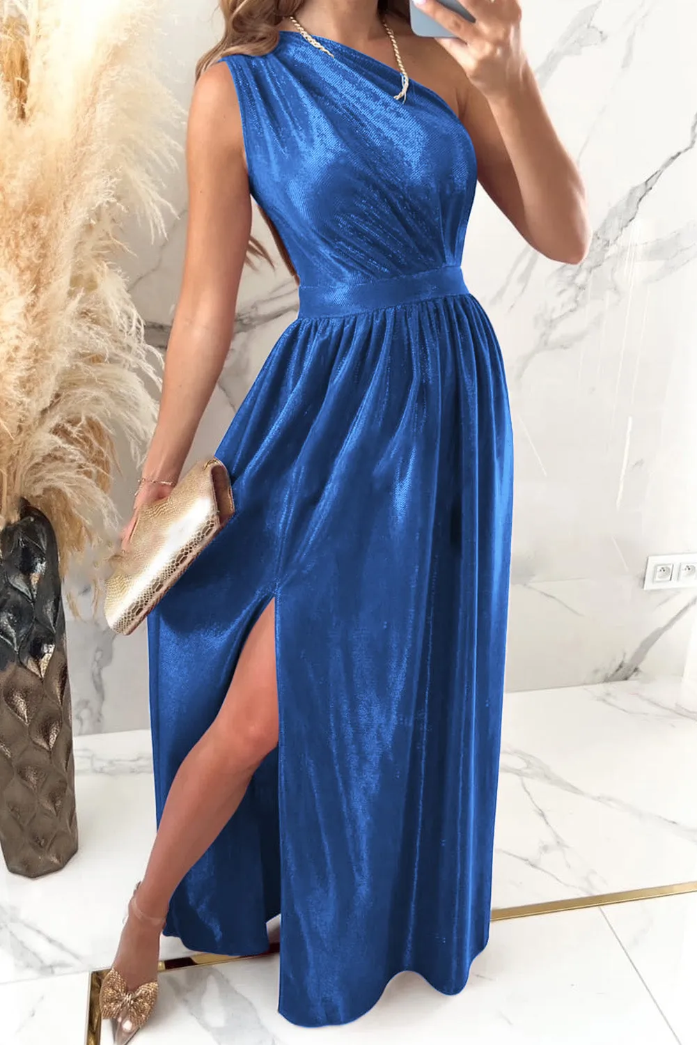 Affordable One Shoulder Slit Ruched Maxi Dress - Perfect for Homecoming 2024, Snowcoming, and Hoco Cute, Stylish, and Budget-Friendly Outfit for the Occasion