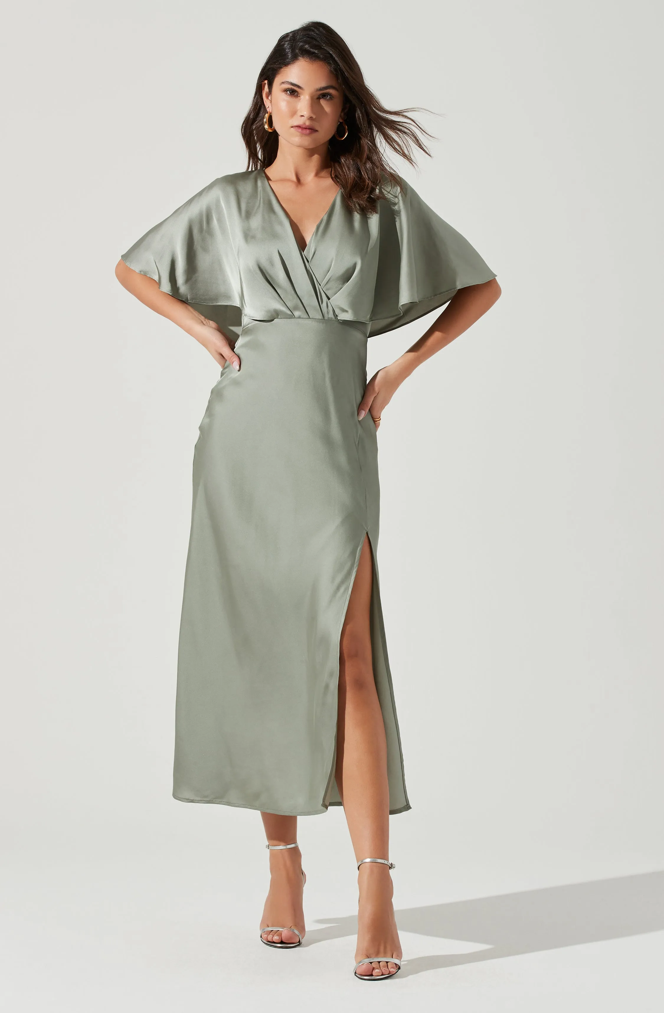 Alessia Satin Flutter Sleeve Midi Dress