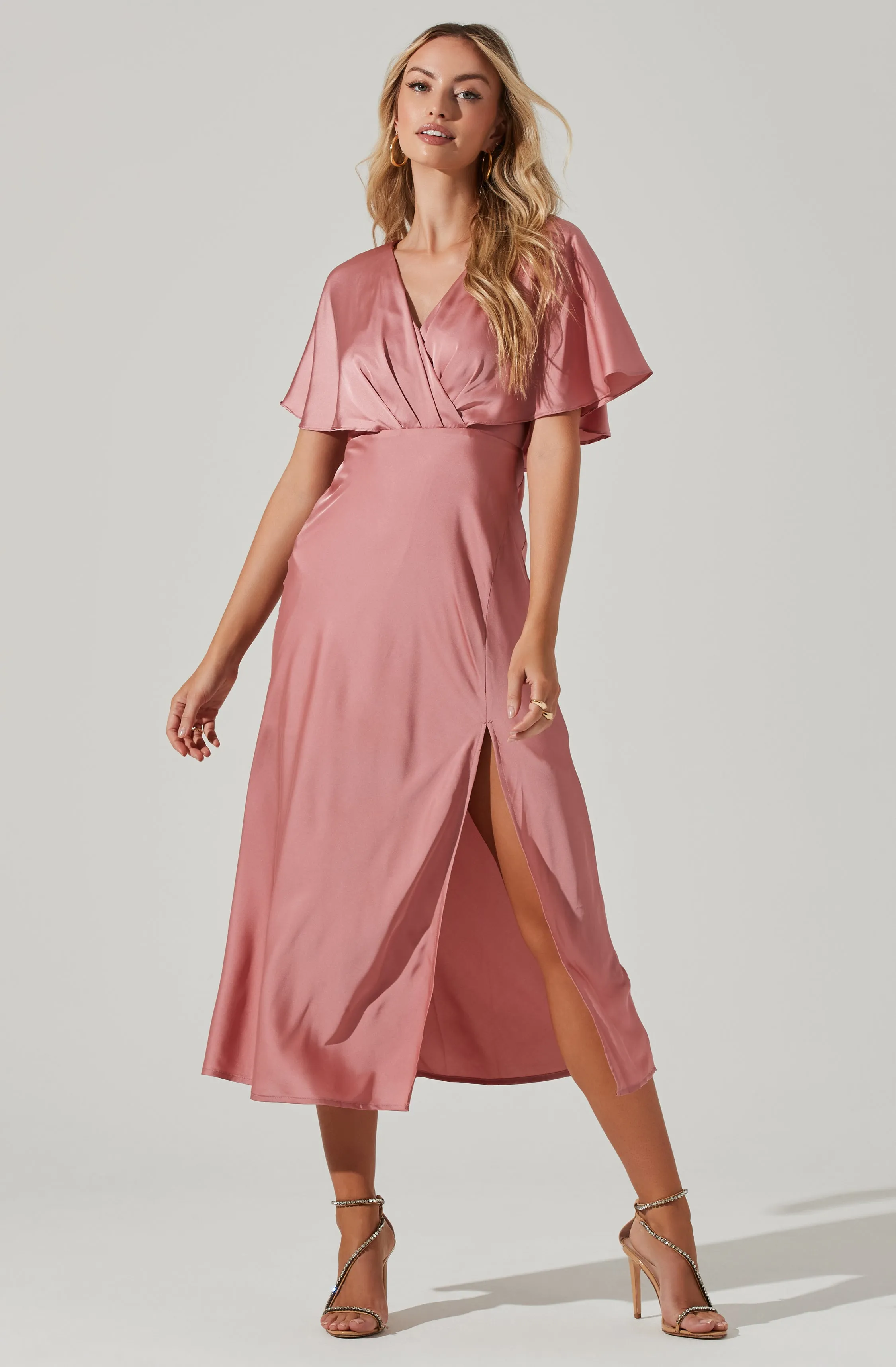 Alessia Satin Flutter Sleeve Midi Dress