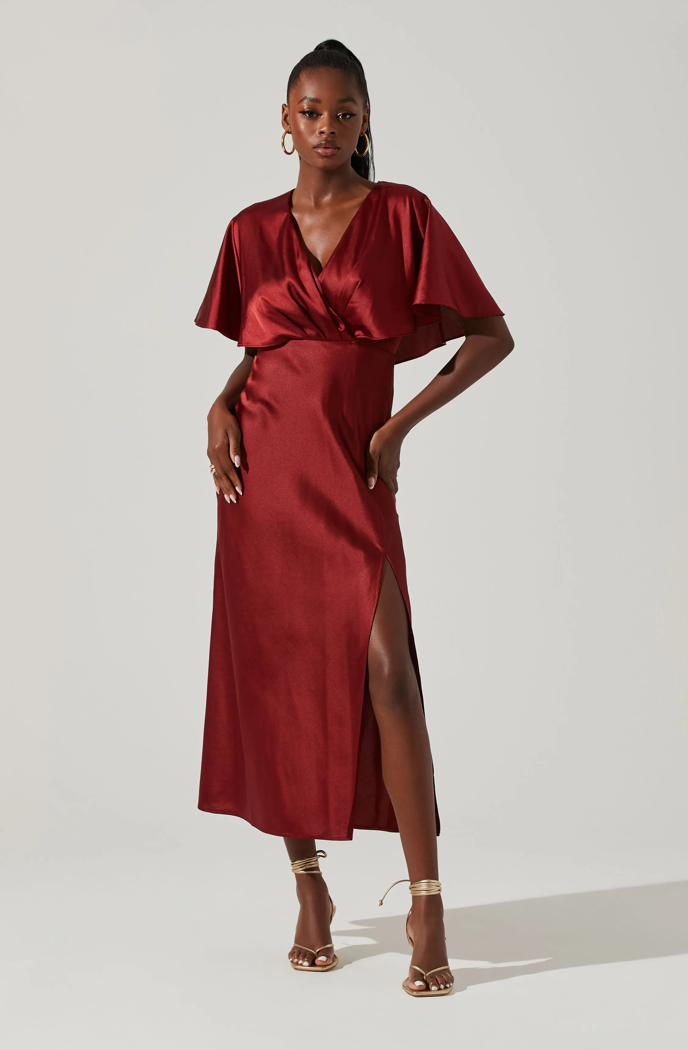 Alessia Satin Flutter Sleeve Midi Dress