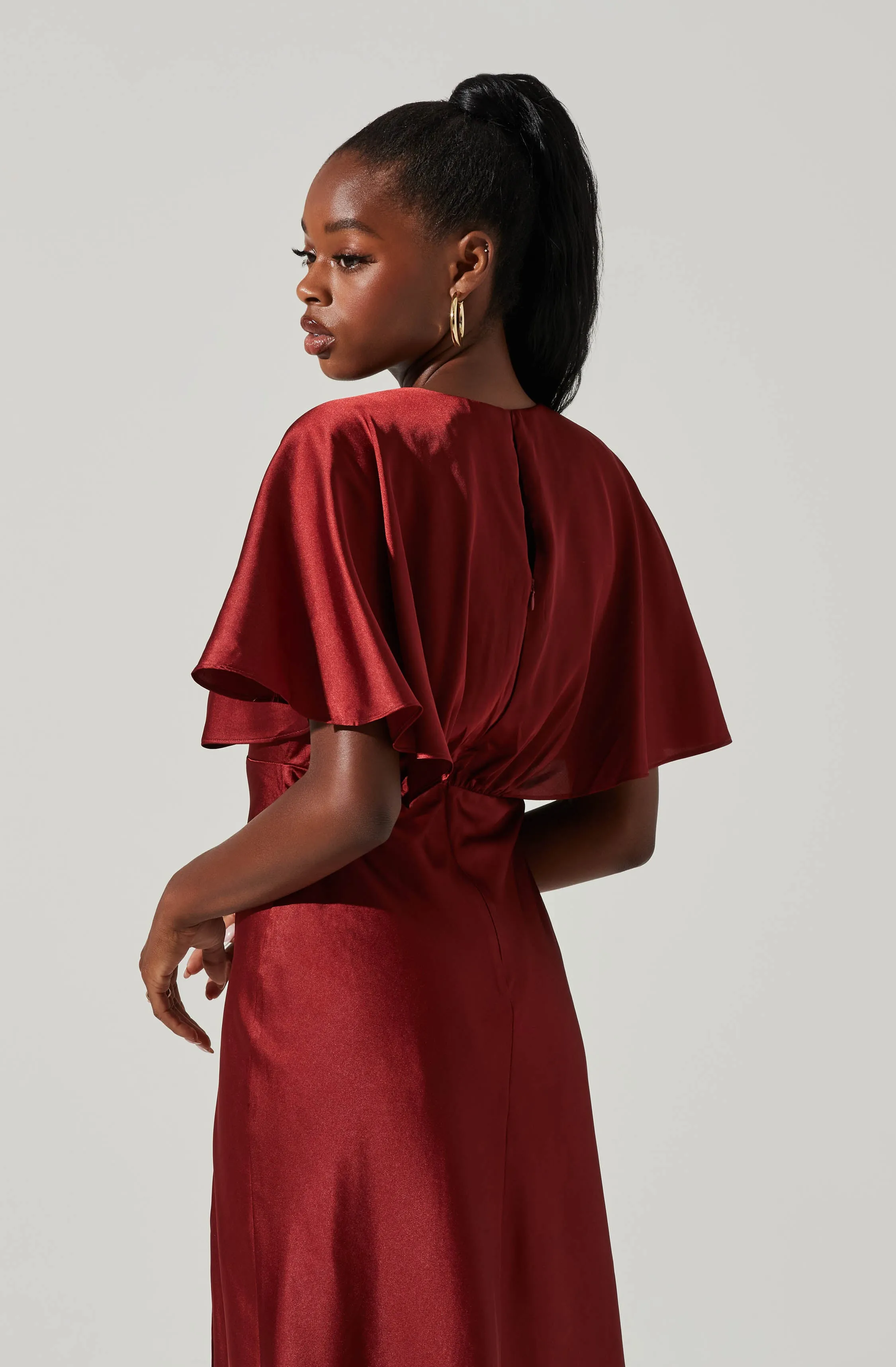 Alessia Satin Flutter Sleeve Midi Dress