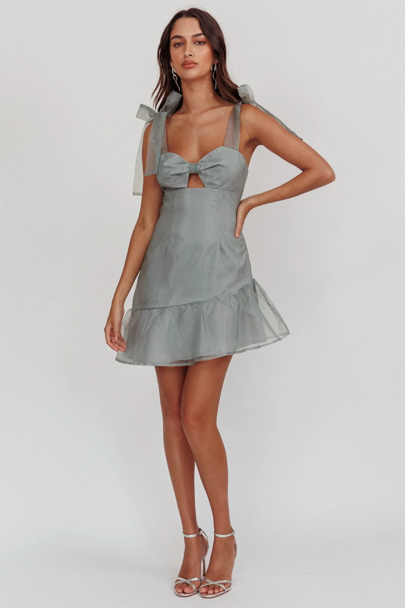 Alexia Bow Shoulder Ruffle Hem Mini Dress Sage