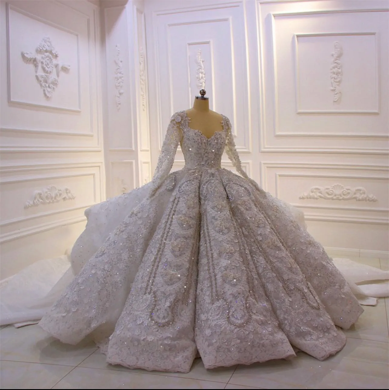 AM285 Long Sleeve Crystal 3D Flowers Royal Luxury Wedding Dress