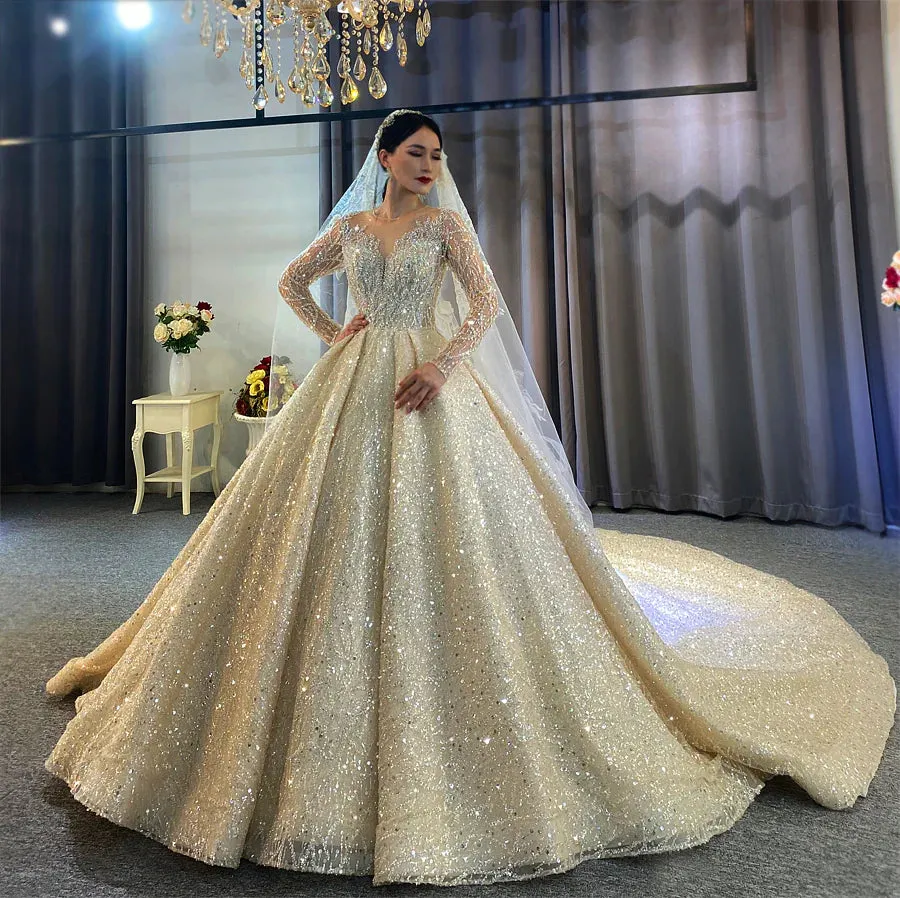 AM688 Glitter Applique Long Sleeve Affordable luxury Ball Gown Wedding Dress