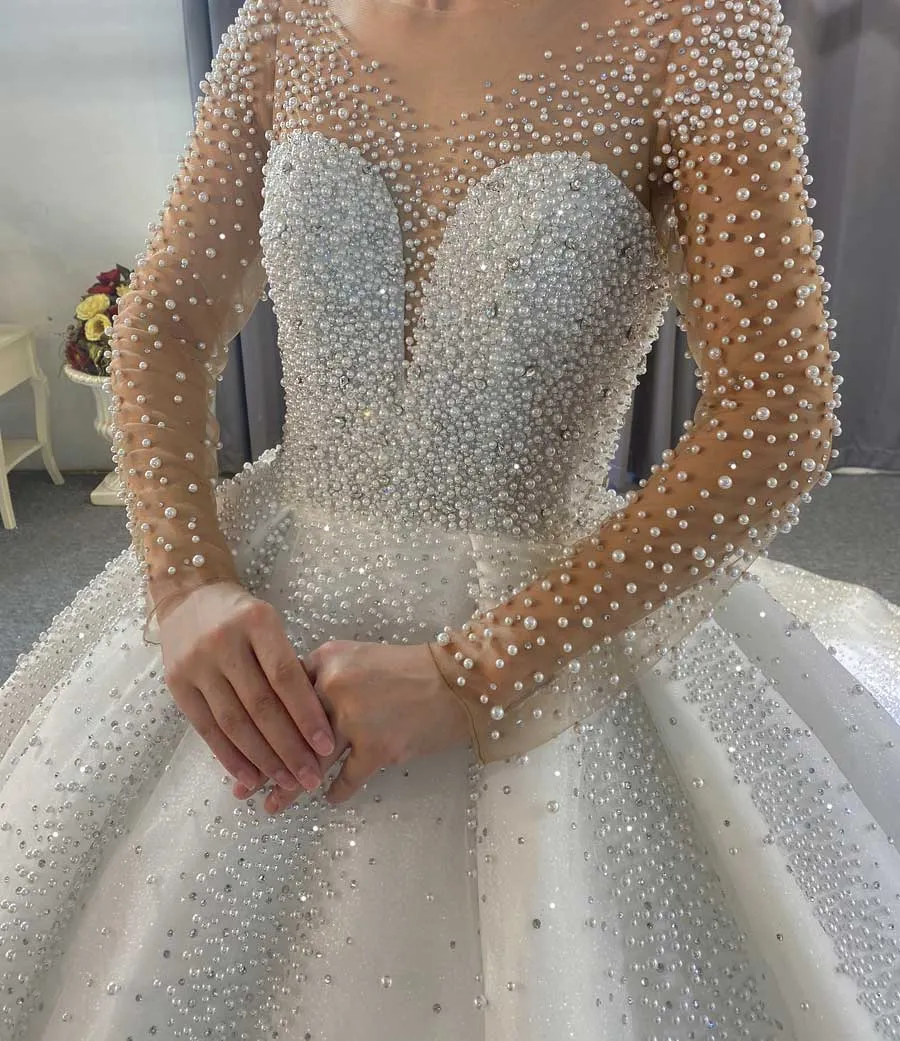 AM692 Full Pearls Beaded Luxury Couture Ball Gown Wedding Dress