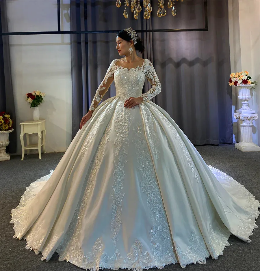 AM760 Luxury Haute Couture Satin with Lace Applique Ball Gown wedding dress