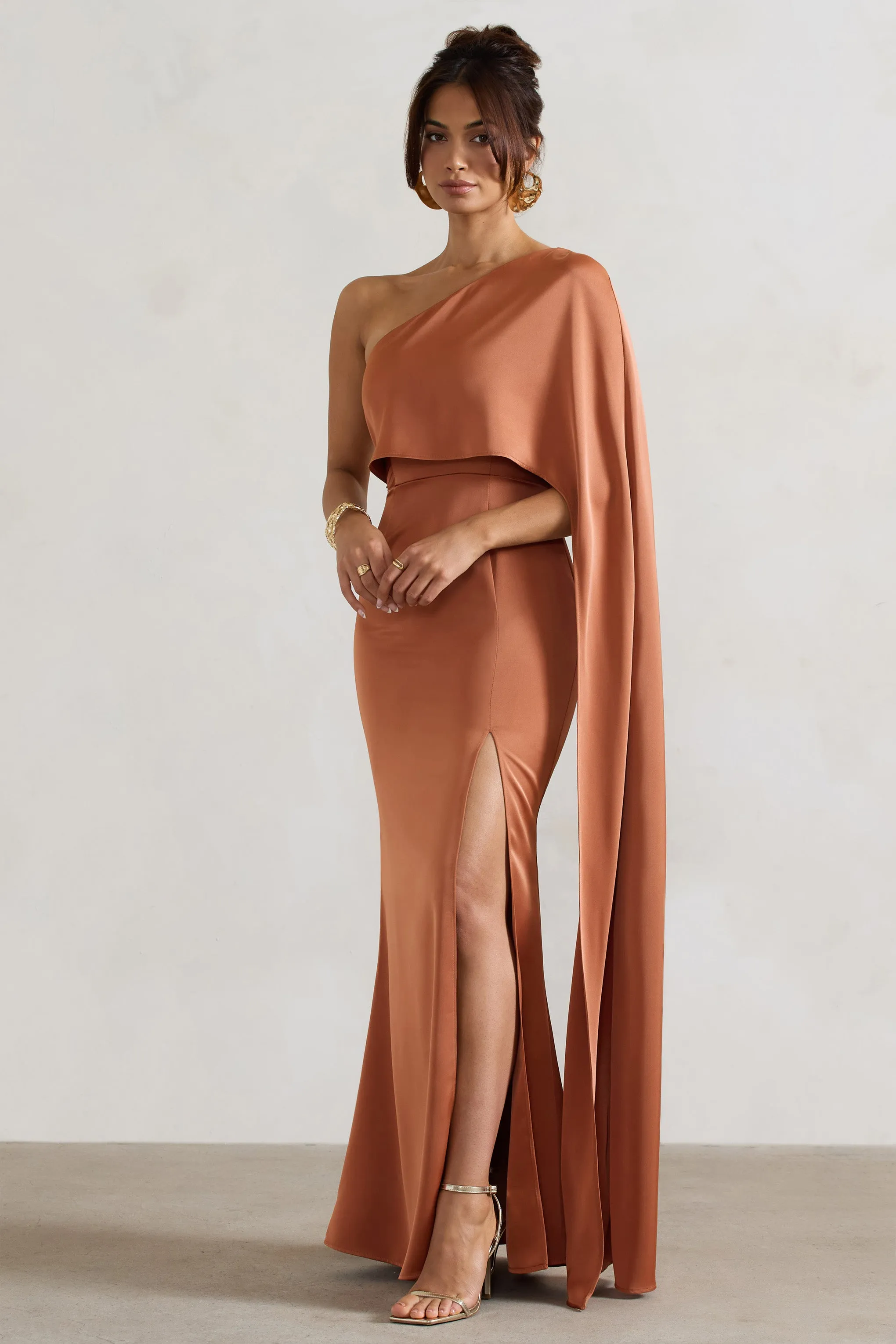 Amora | Rust Satin Asymmetric Cape-Sleeve Split Maxi Dress