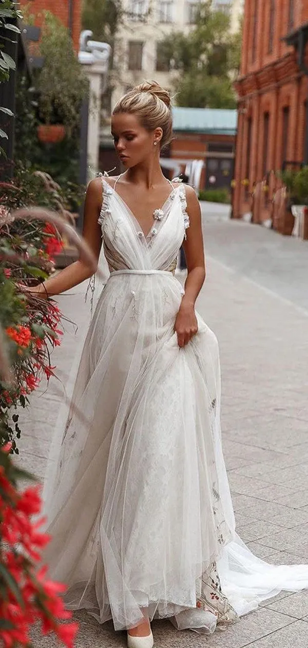 Appliques Elegant A-line Wedding Dresses, Open Back V-neck Fancy Wedding Dresses